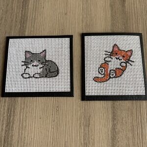 Hand Painted Needlepoint Cat Canvases- Lot Of 2. 3"-3.5"